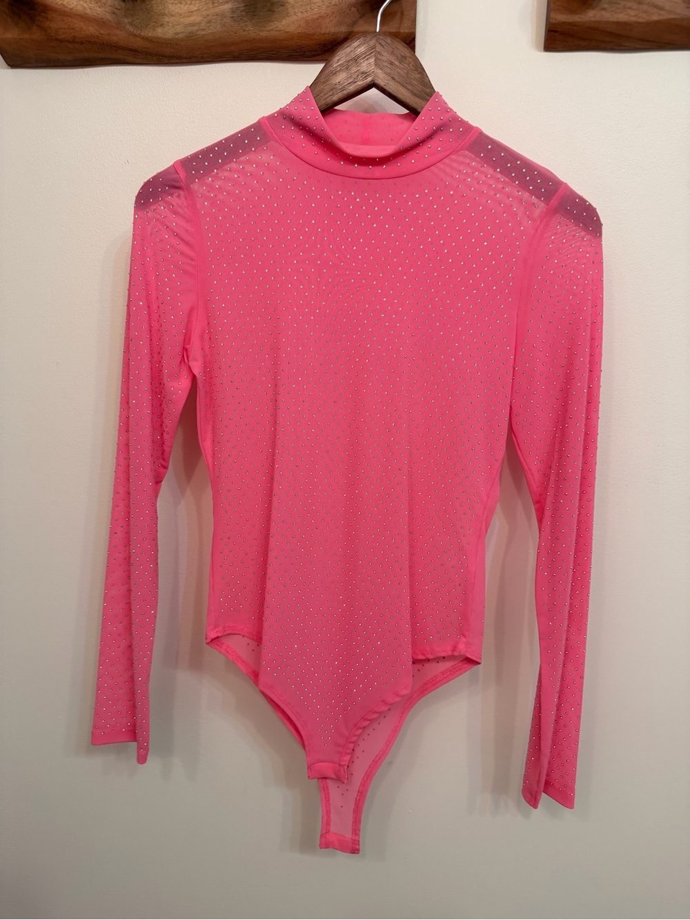 Hot Pink Rhinestone Sheer Long Sleeve Bodysuit